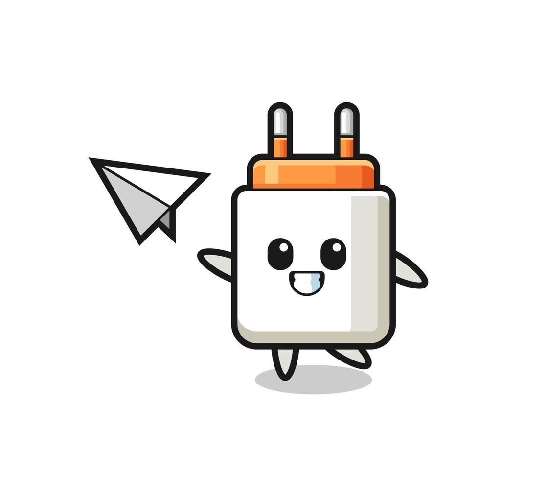 power adapter cartoon character throwing paper airplane vector
