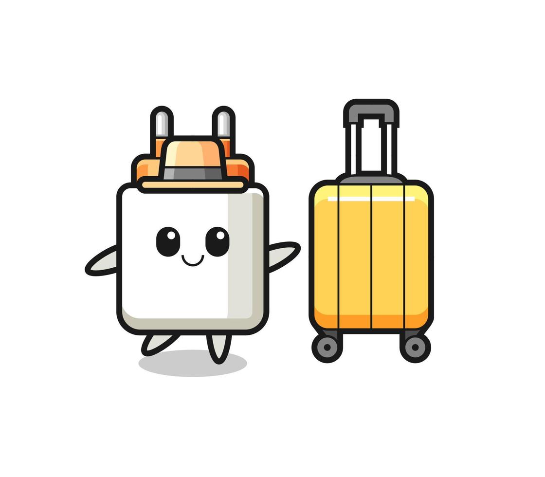 power adapter cartoon illustration with luggage on vacation vector