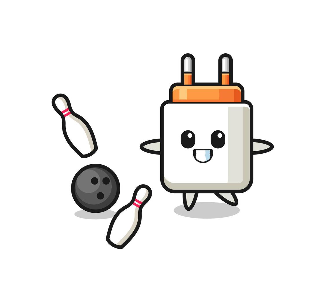 Character cartoon of power adapter is playing bowling vector