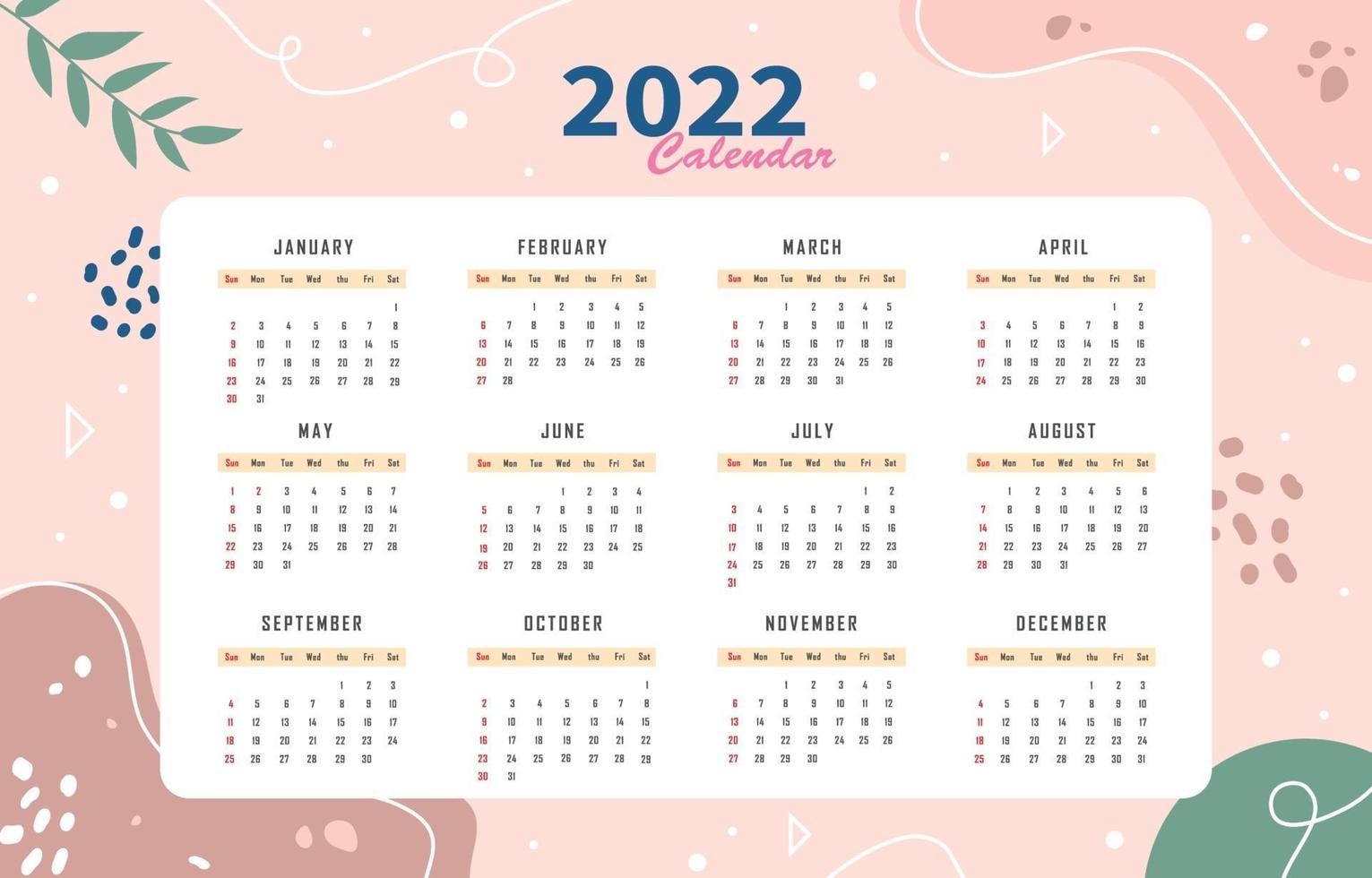 Cute Abstract Theme Calendar 2022 Template vector