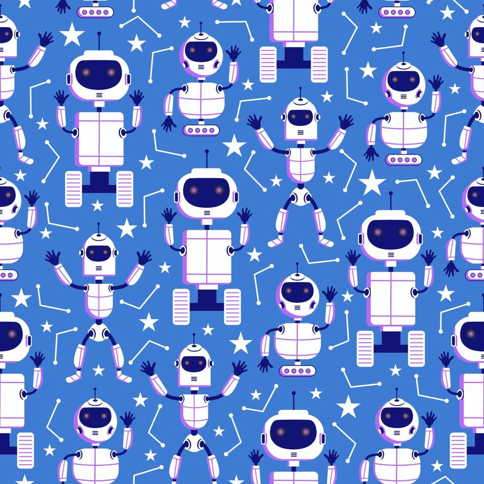 White modern cute Robotic seamless pattern isolated on blue background vector