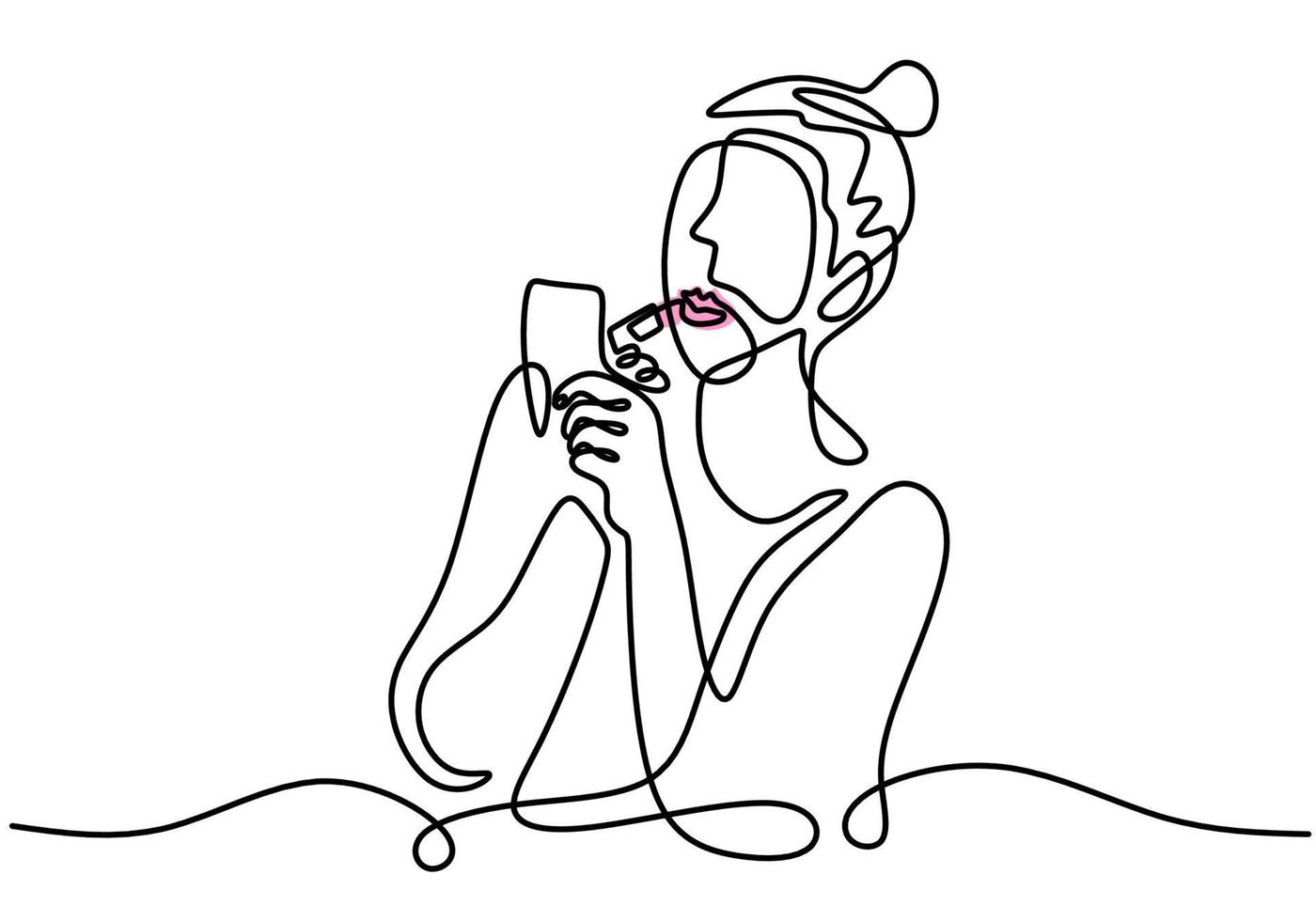 Continuous single line drawing of woman using lipstick on her lips vector