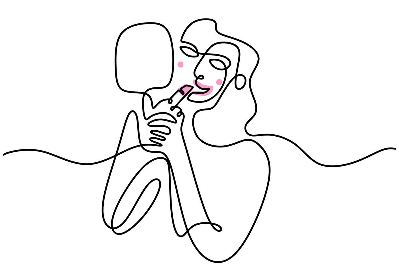 Continuous single line drawing of happy woman face using pink lipstick with big mirror. Woman make up theme one line isolated on white background. vector