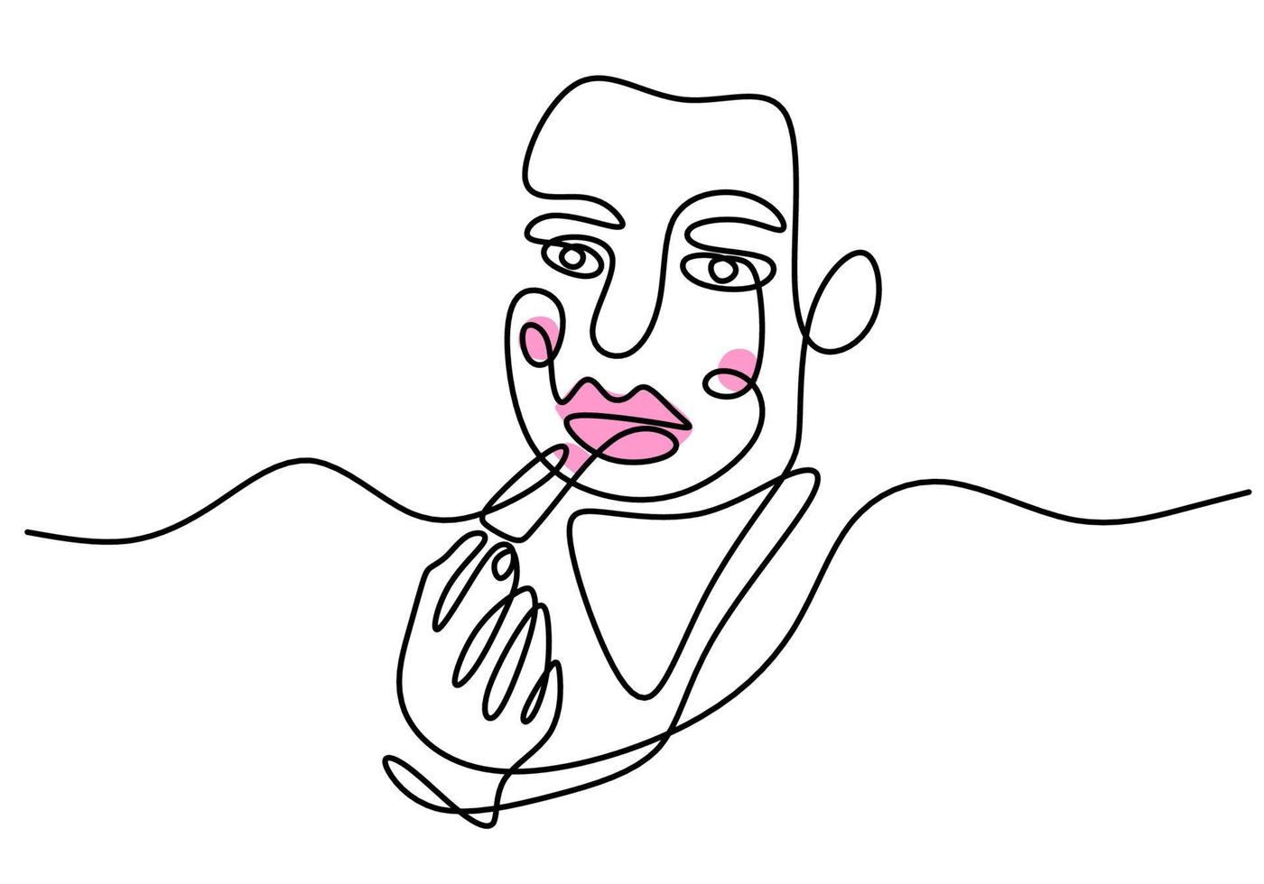 Continuous single line drawing of sad woman face using pink lipstick. Woman make up theme one line isolated on white background. vector