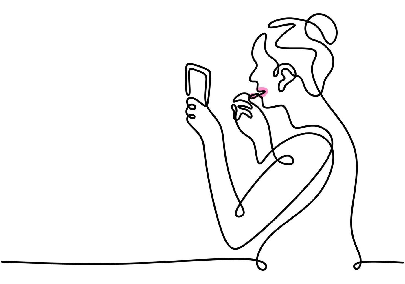 Continuous single line drawing of big woman using lipstick on her lips in front of small mirror from side view. Woman make up theme one line isolated on white background. vector