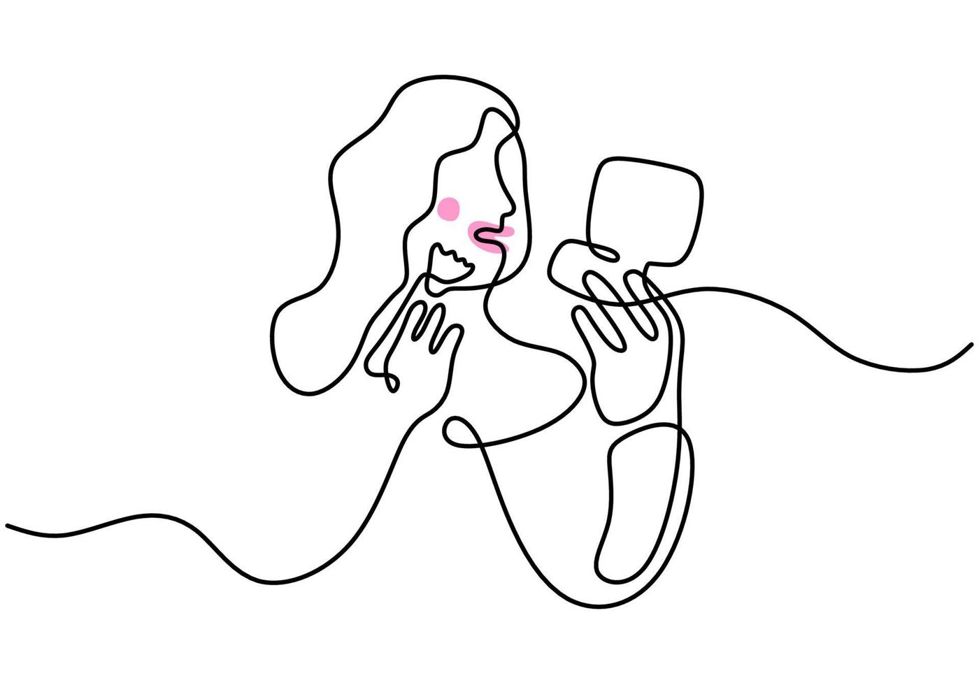 dibujo continuo de una sola línea de rostro de mujer feliz usando polvo rosa con espejo grande. mujer compone tema una línea aislada sobre fondo blanco. vector