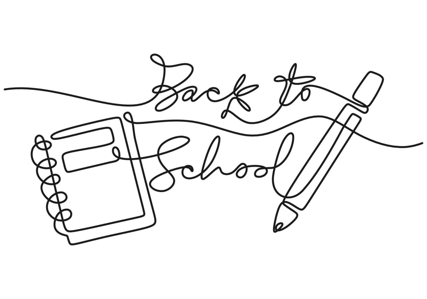 Continuous one line drawing of back to school handwritten words with note book and pencil isolated on white background. vector