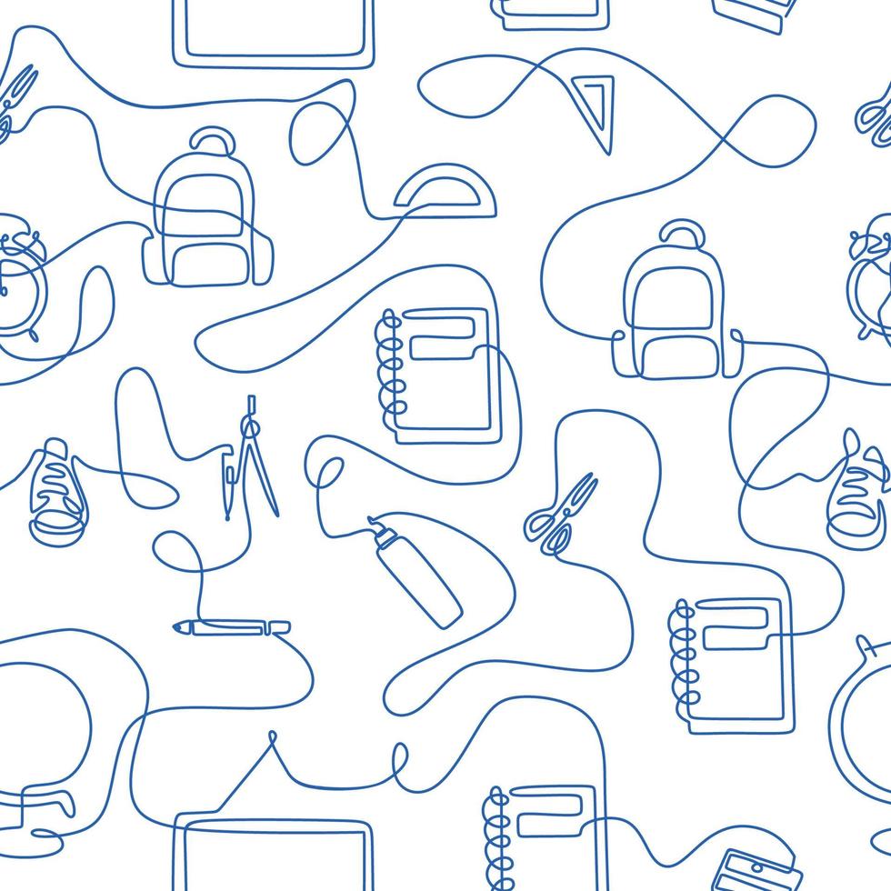 Seamless pattern with back to school theme in Continuous one line style. with note book, pencil, book, board, scissor, cutter, calipers, shoes, bag, calculator, alarm clock and globe. vector