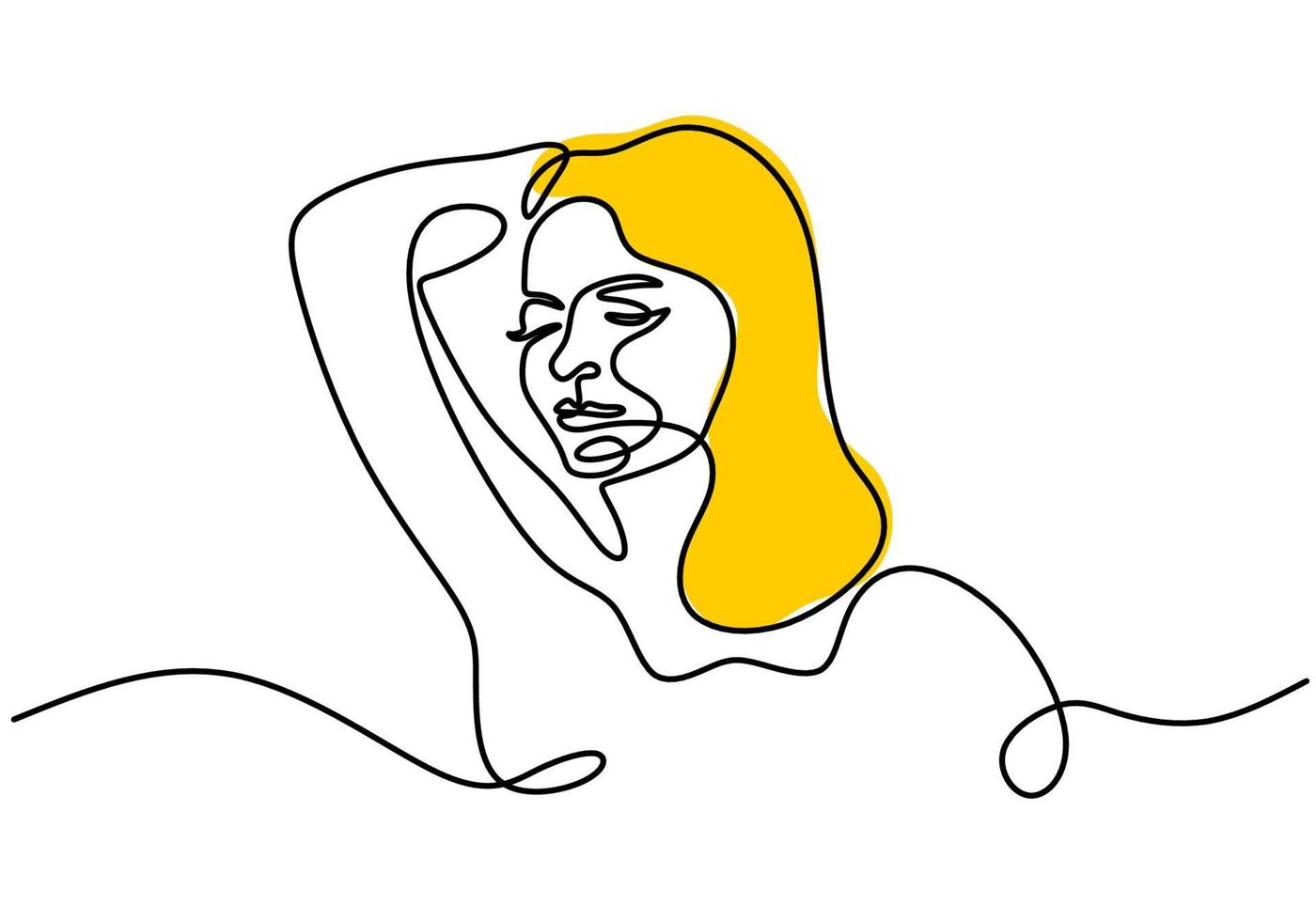 Continuous single line drawing of long haired woman using yellow color on her hair. Woman make up theme one line isolated on white background. vector