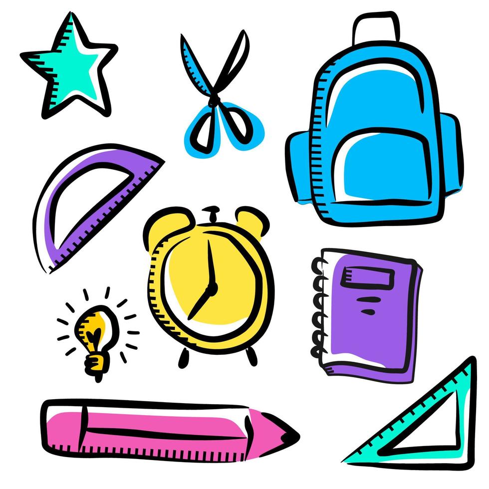 elemento de regreso a la escuela con estrella, libro, bolso. tijera, regla, reloj despertador lápiz, lámpara de bombilla. conjunto de material escolar aislado sobre fondo blanco. vector