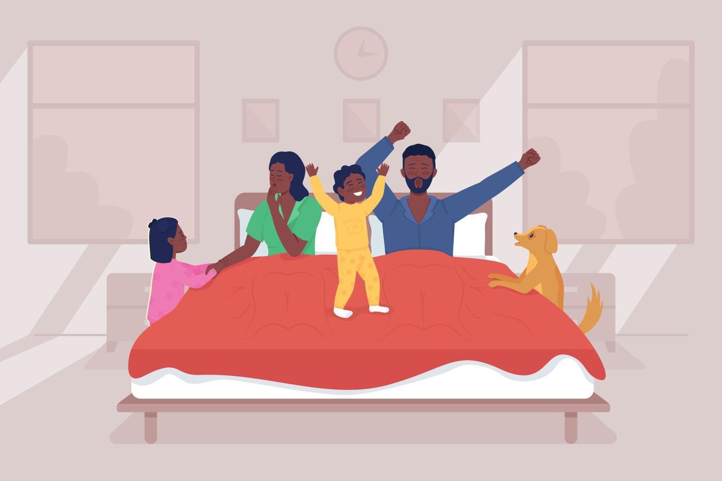 Children wake up parents flat color vector illustration