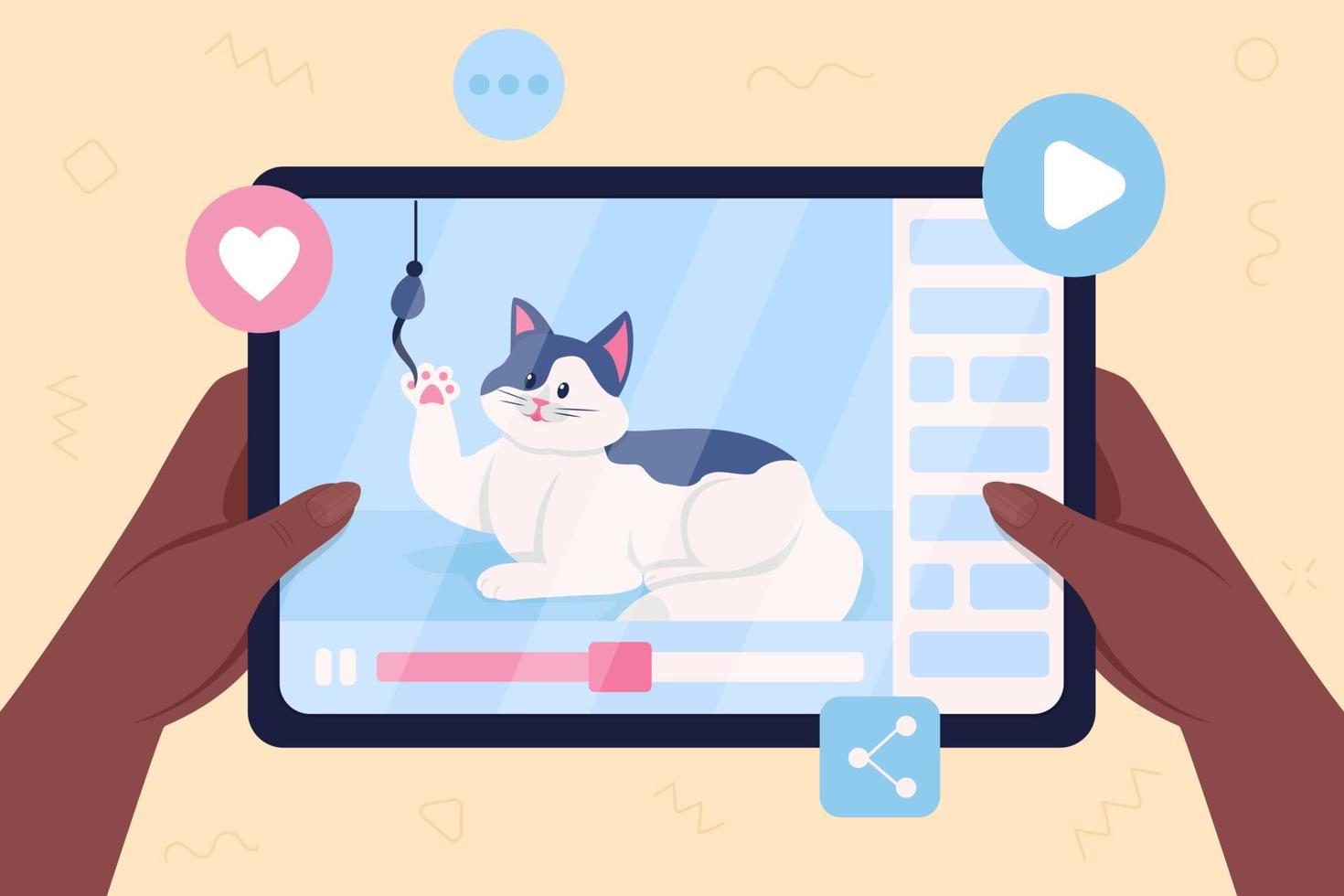 Cat video flat color vector illustration