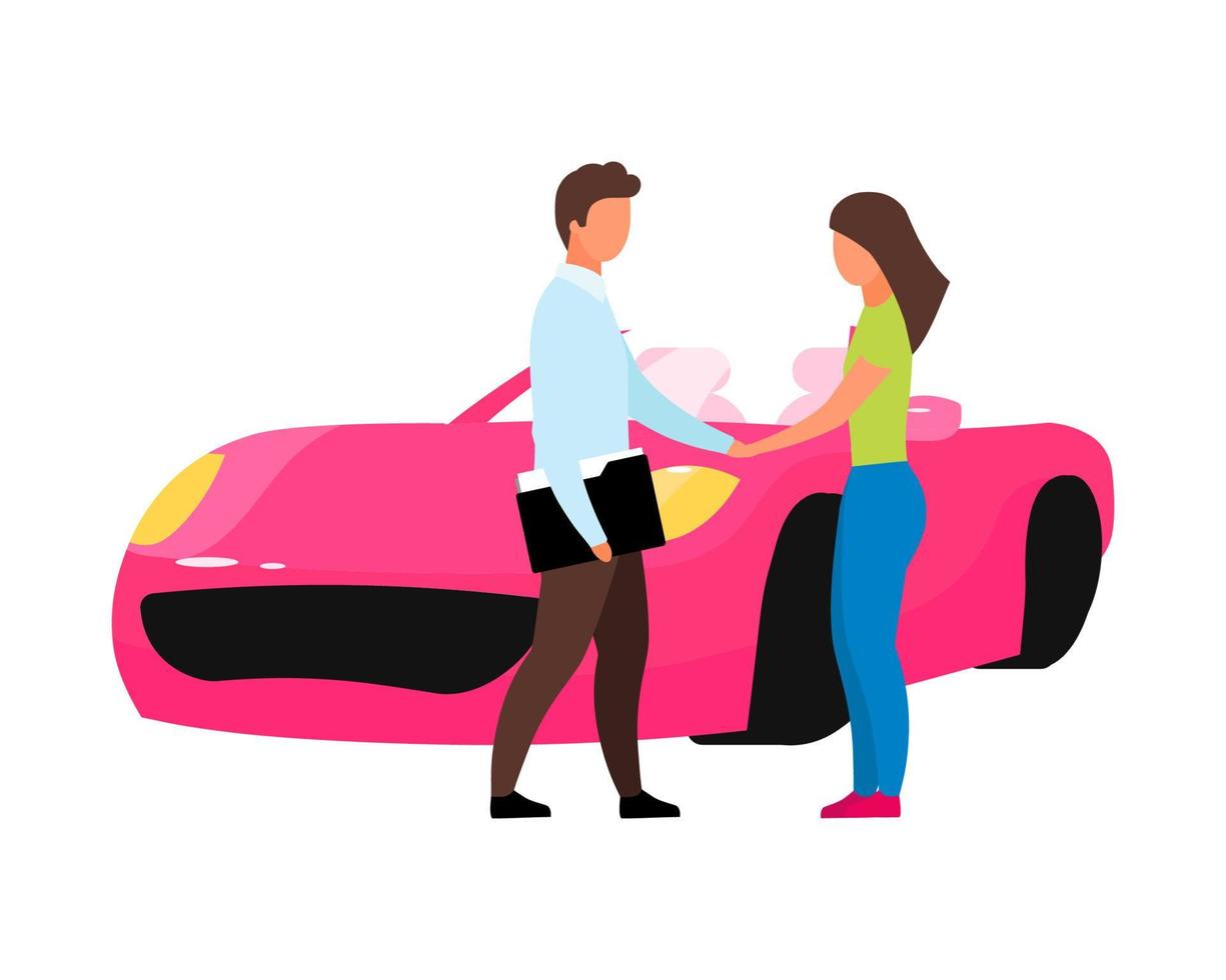 mujer comprando coche nuevo personajes de vector de color semi plano