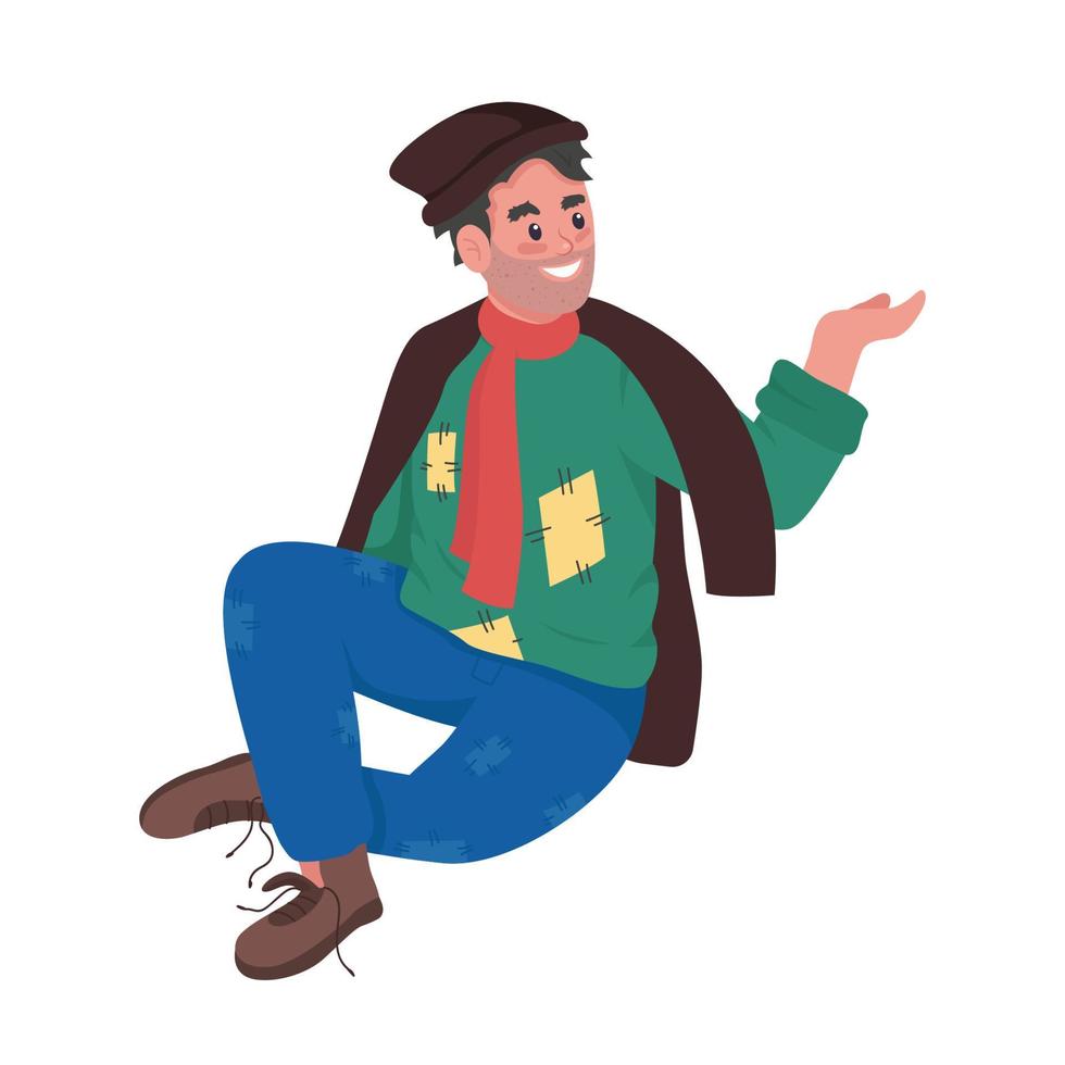 Smiling homeless person asking for food semi flat color vector character