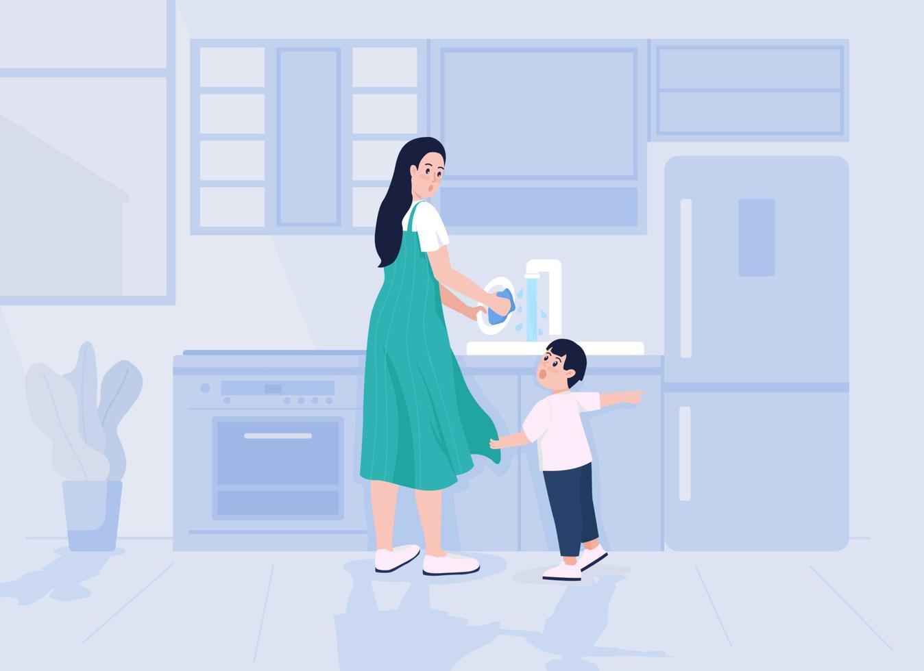 Child distracts mother flat color vector illustration