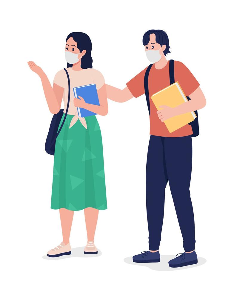 Pair of students in masks semi flat color vector character