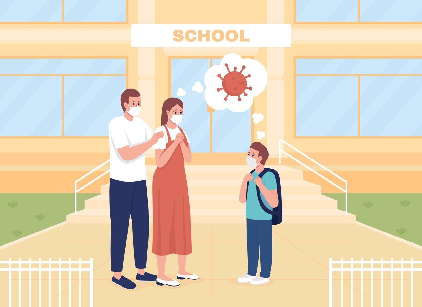 Worried parents see their son off to lessons flat color vector illustration