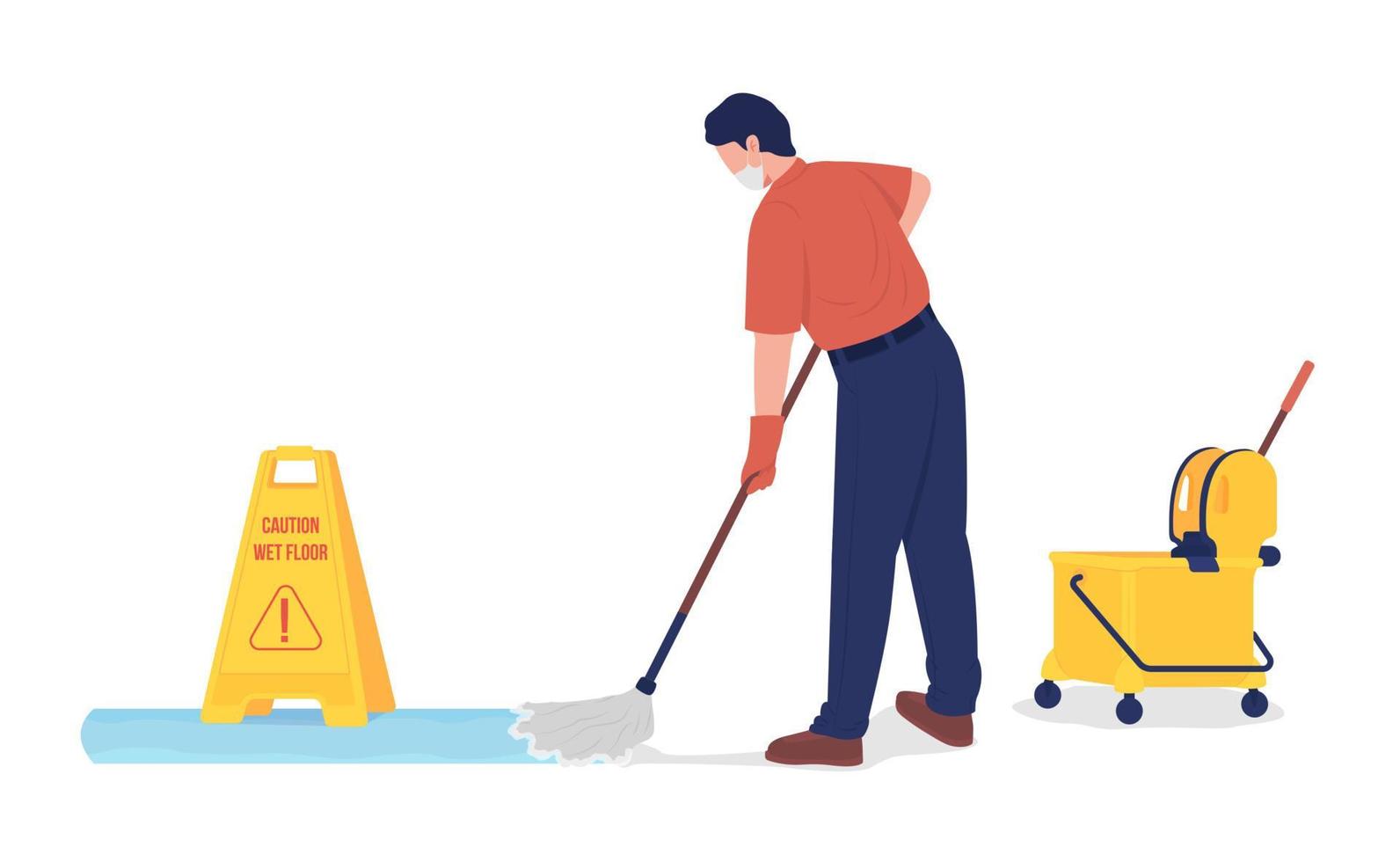 Janitor mopping floor semi flat color vector character