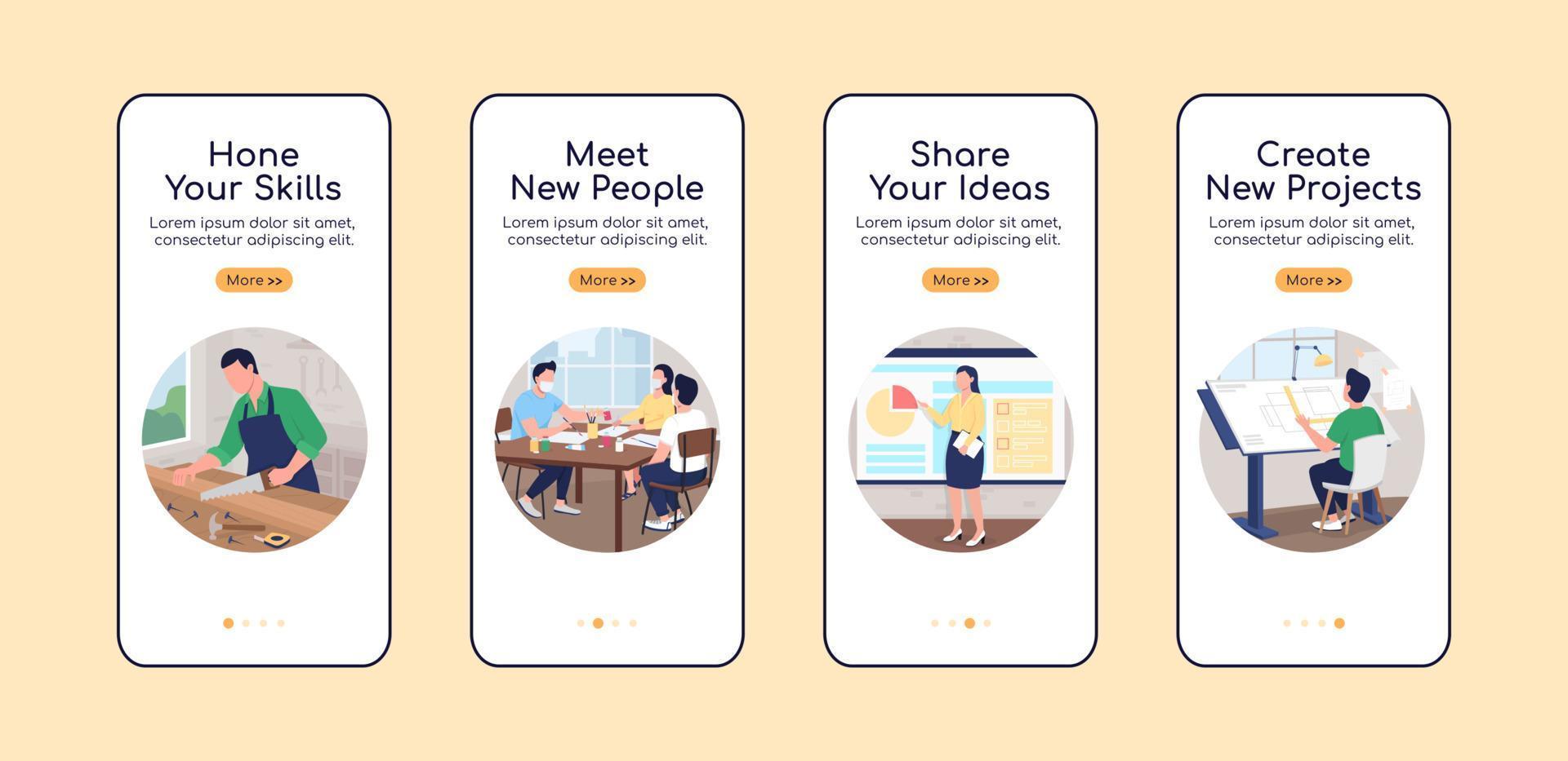 Profesisonal workshop onboarding mobile app screen flat vector template