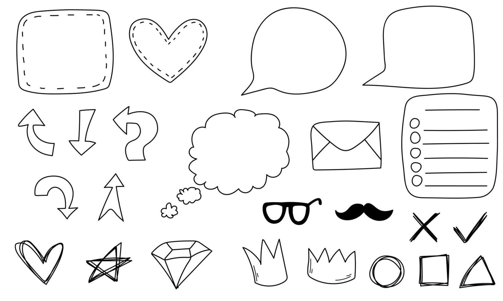 Doodle line arrows hearts mustache talking cloud crowns diamond vector