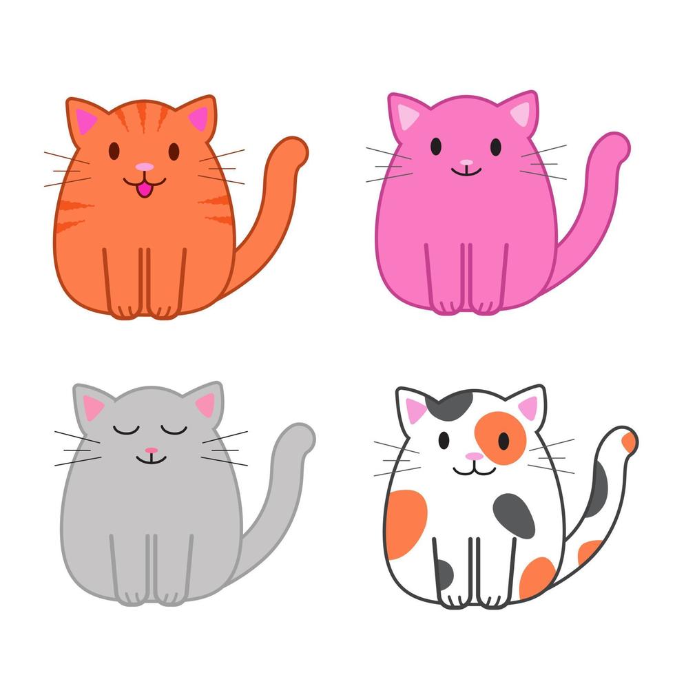 conjunto de gatos divertidos dibujos animados, ilustración vectorial en estilo plano. diferentes gatos de colores. gatito sonriente. impresión positiva para calcomanías, tarjetas, ropa, textiles, diseño y decoración 3494803 Vector en