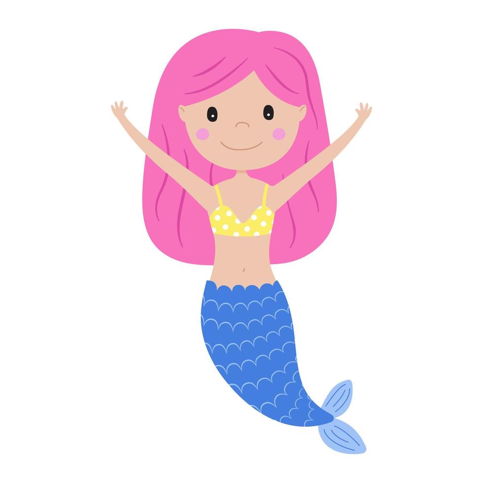 Cute mermaid girl with pink hair and blue fish tail. Vector illustration in funny cartoon style. Print for baby textile, invitation, children books, gift wrap, design and decor. Smiling girl