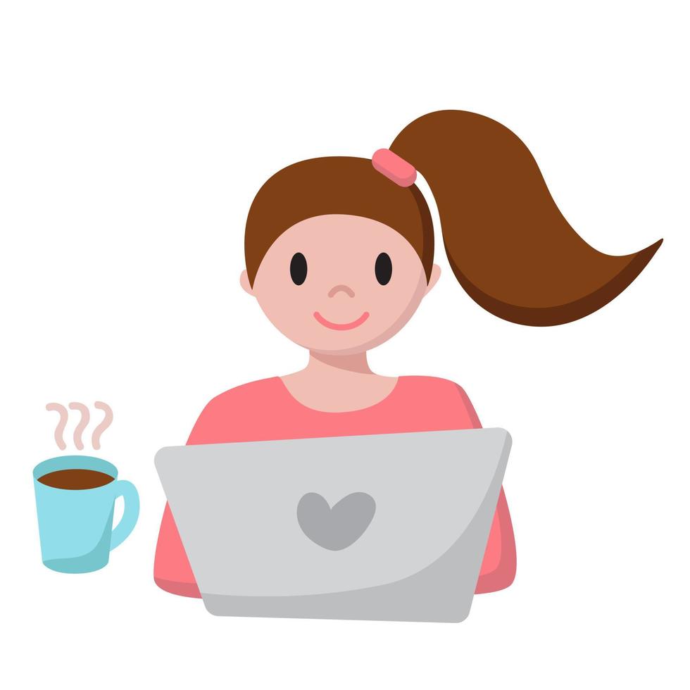 Girl with notebook and coffee cup. Funny cartoon lady with ponytail. Young  woman uses laptop and works. Online education and work from home concept.  Print for stickers, emojis, web illustration 3494806 Vector