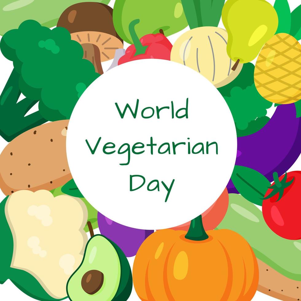 día mundial del vegetariano, tarjeta de felicitación con tipografía y diferentes frutas y verduras. vector