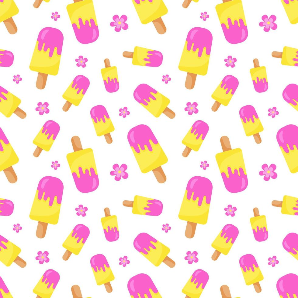 divertido de patrones sin fisuras con helados de colores en el palillo. colores amarillo, rosa y blanco. humor de verano positivo. diseño sin fin. impresión para textil, ropa, papel de regalo, tarjetas, diseño y decoración vector