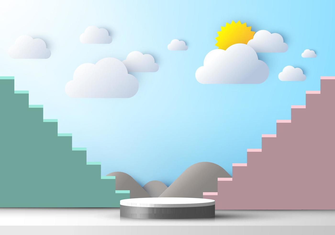 3d realista pedestal escaleras naturaleza nube sol fondo azul vector