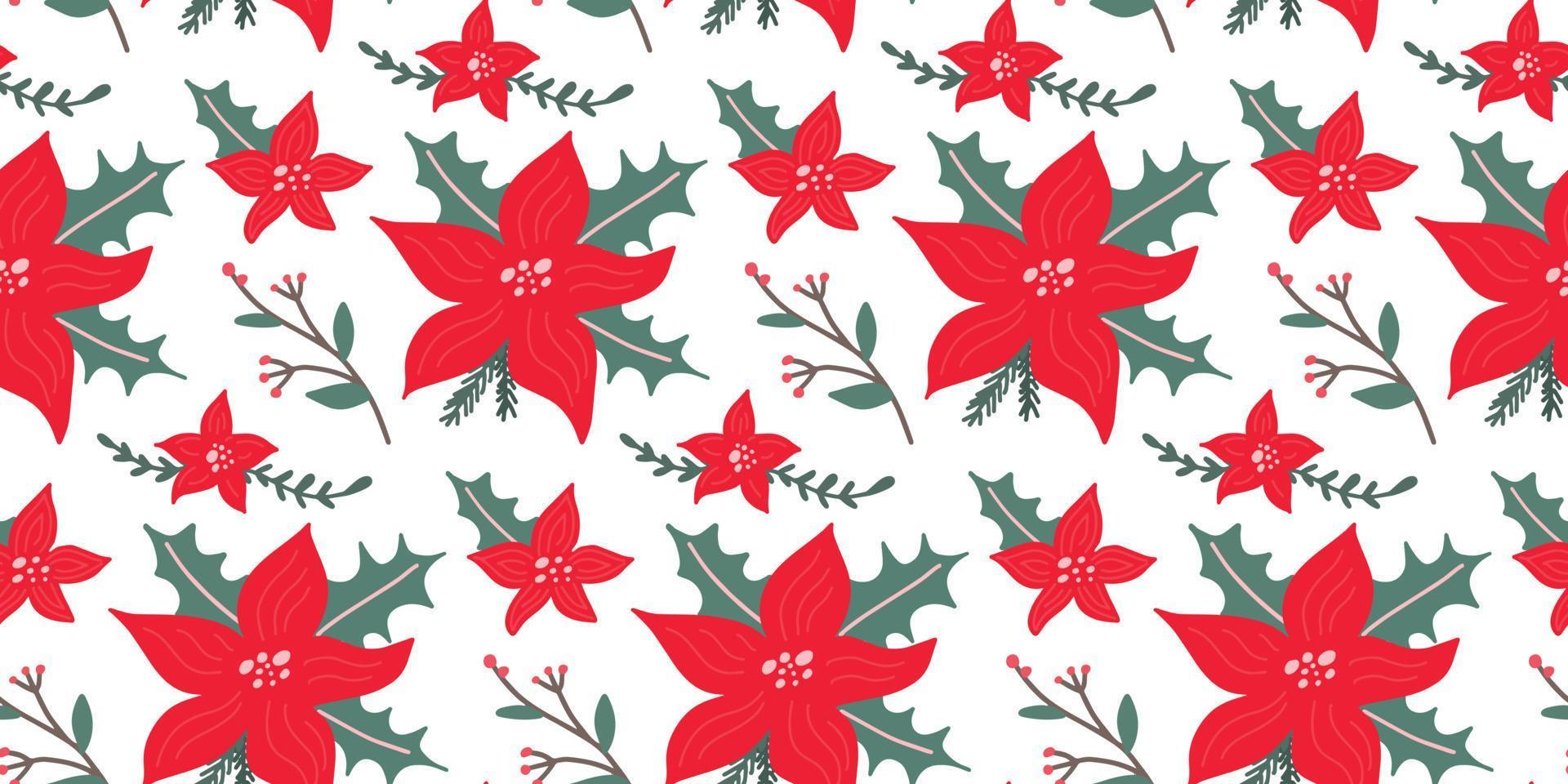 Poinsettia - Christmas star flower foral festive seamless pattern. Hand drawn winter background. vector