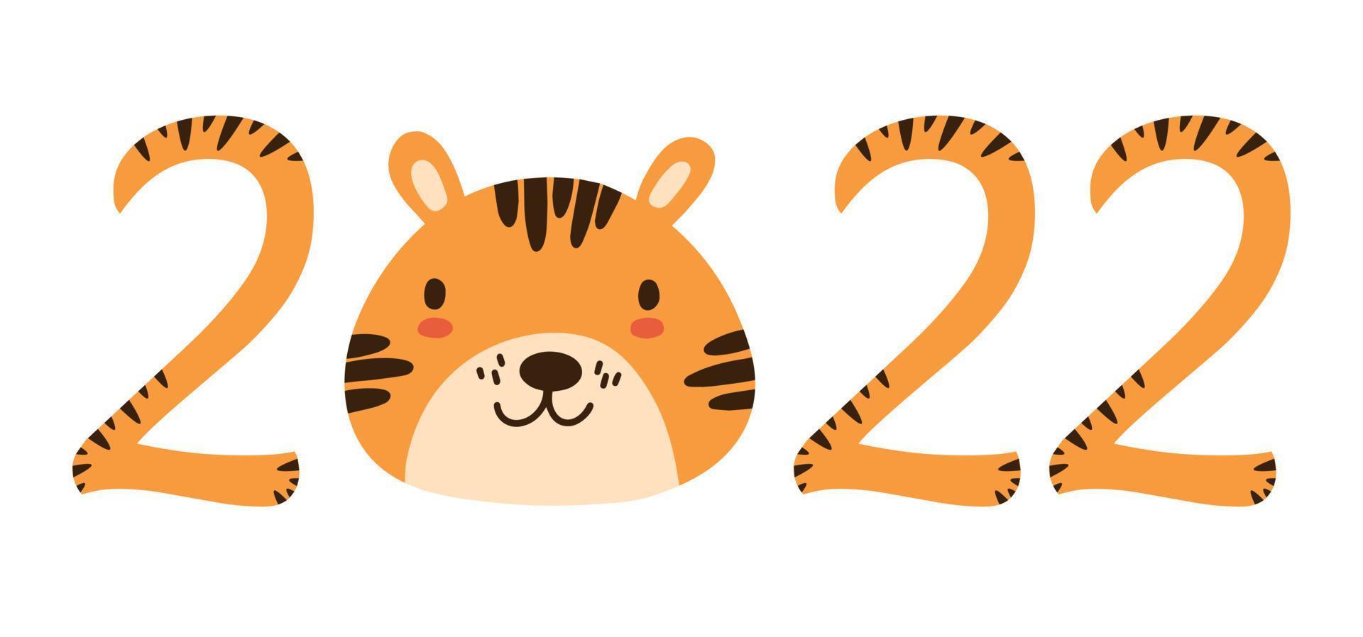 2022 orange numbers with stripes isolated on white. Cute Chinese New Year 2022 Christmas logo with baby tiger character face. Lunar zodiac symbol of 2022 Year of Tiger. Idea for children calendar card vector