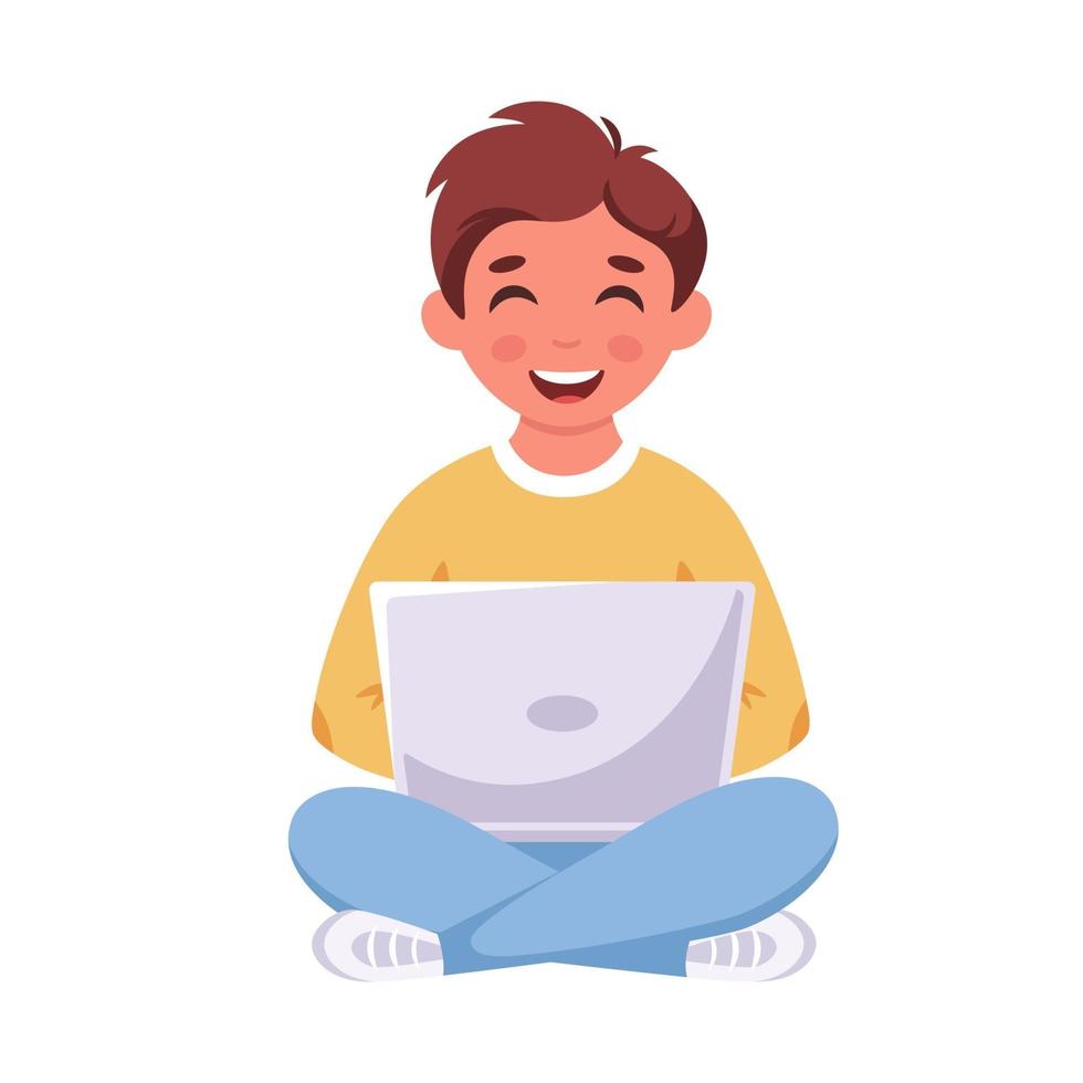 Boy sitting with laptop. Online learning, back to school concept. vector