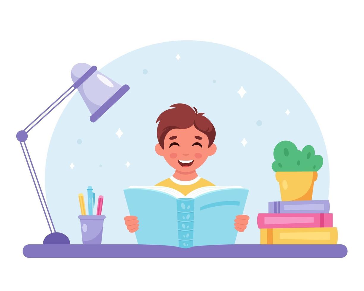 Boy reading book. Boy studying with a book. vector