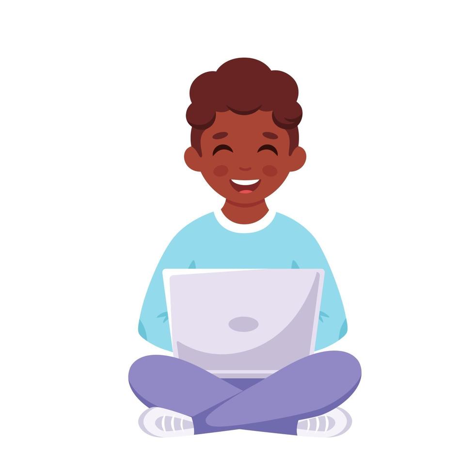 niño negro estudiando con laptop. aprendizaje en línea, regreso a la escuela vector