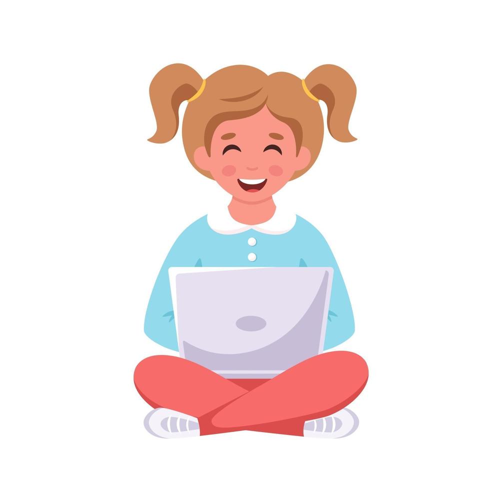 niña sentada con la computadora portátil. aprendizaje en línea, concepto de regreso a la escuela. vector