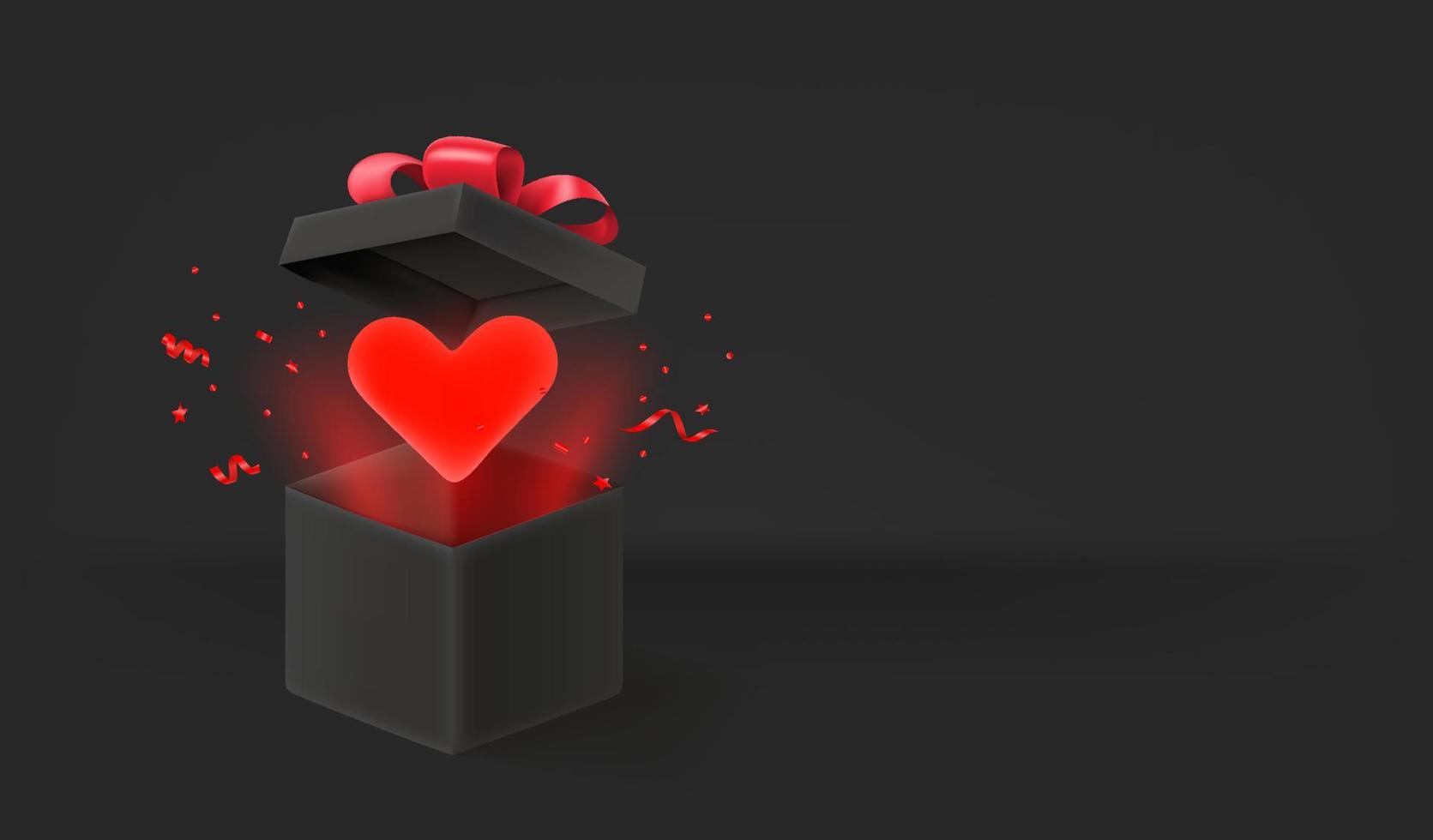 Opened black box with red heart. 3d style vector banner with copy space