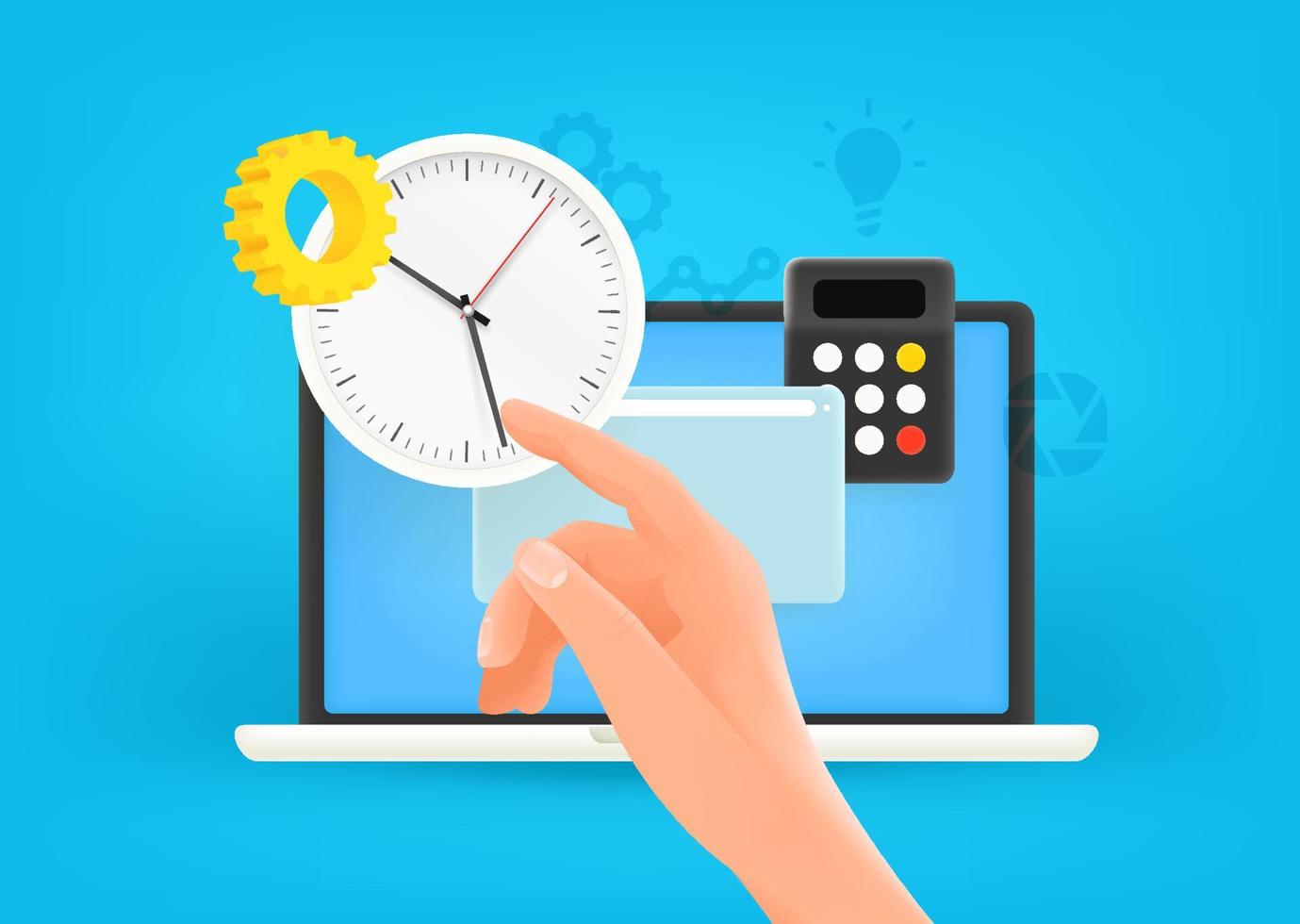 Time management vector concept. Modern laptop with clock and hand