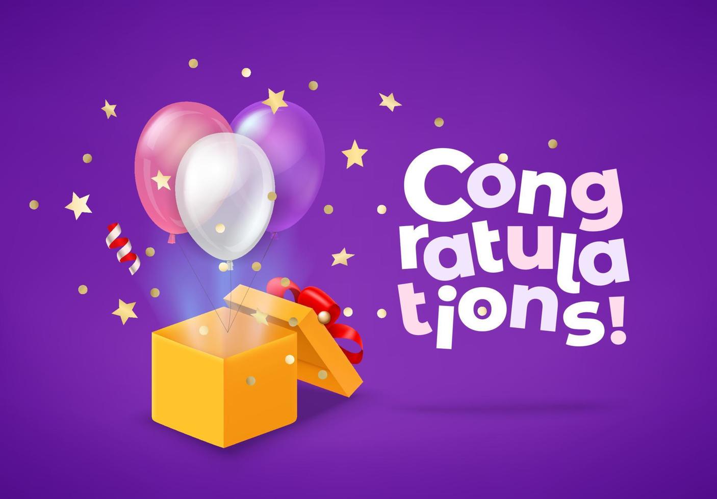 Opened box with air balloons flying out from the box. Greeting card with inscription vector