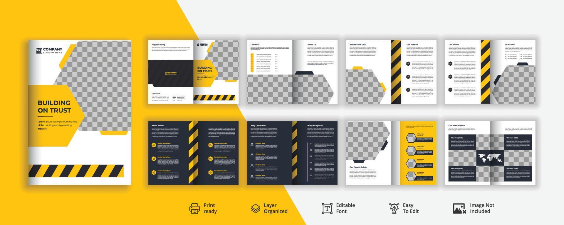 Yellow and black creative construction or building brochure design premium vector