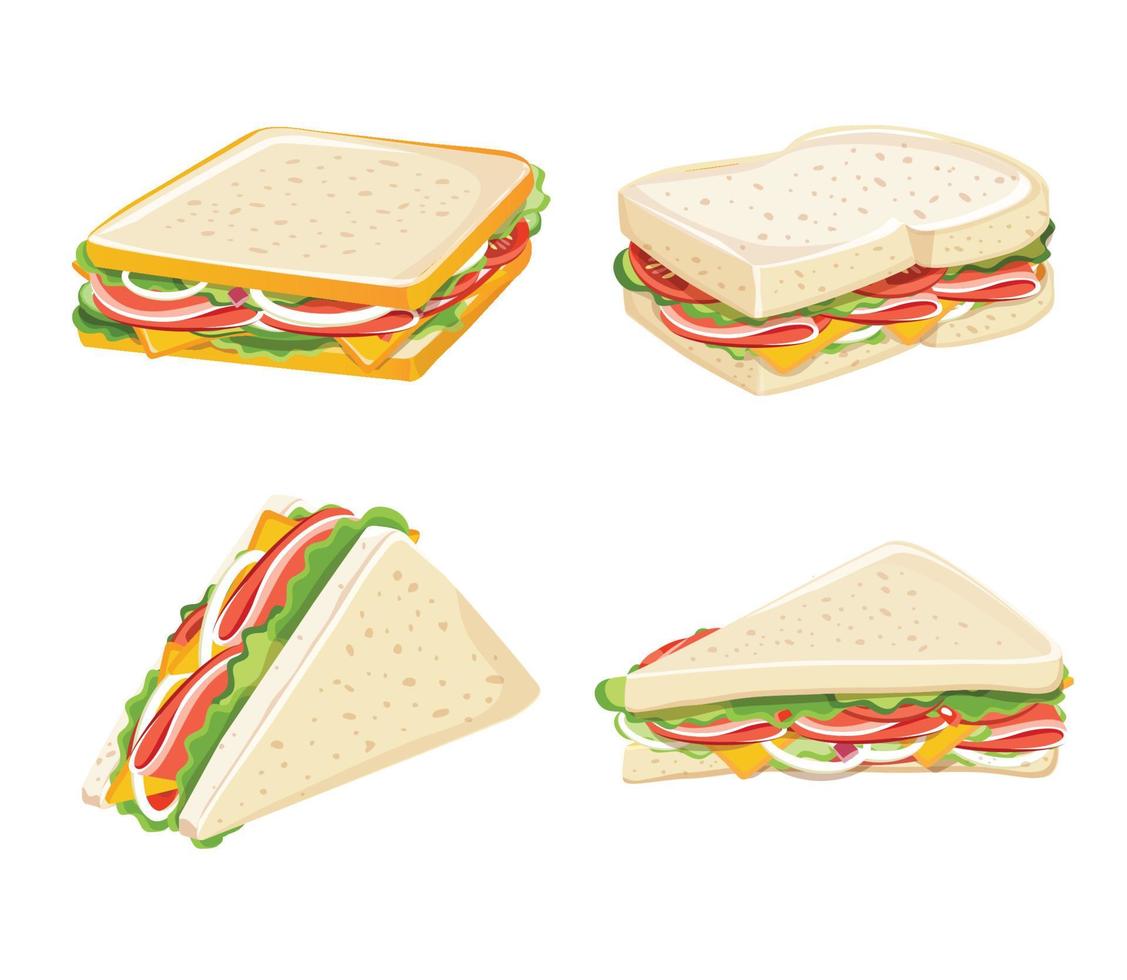 desayuno y wiches, conjunto de deliciosos sándwiches, ilustración vectorial vector