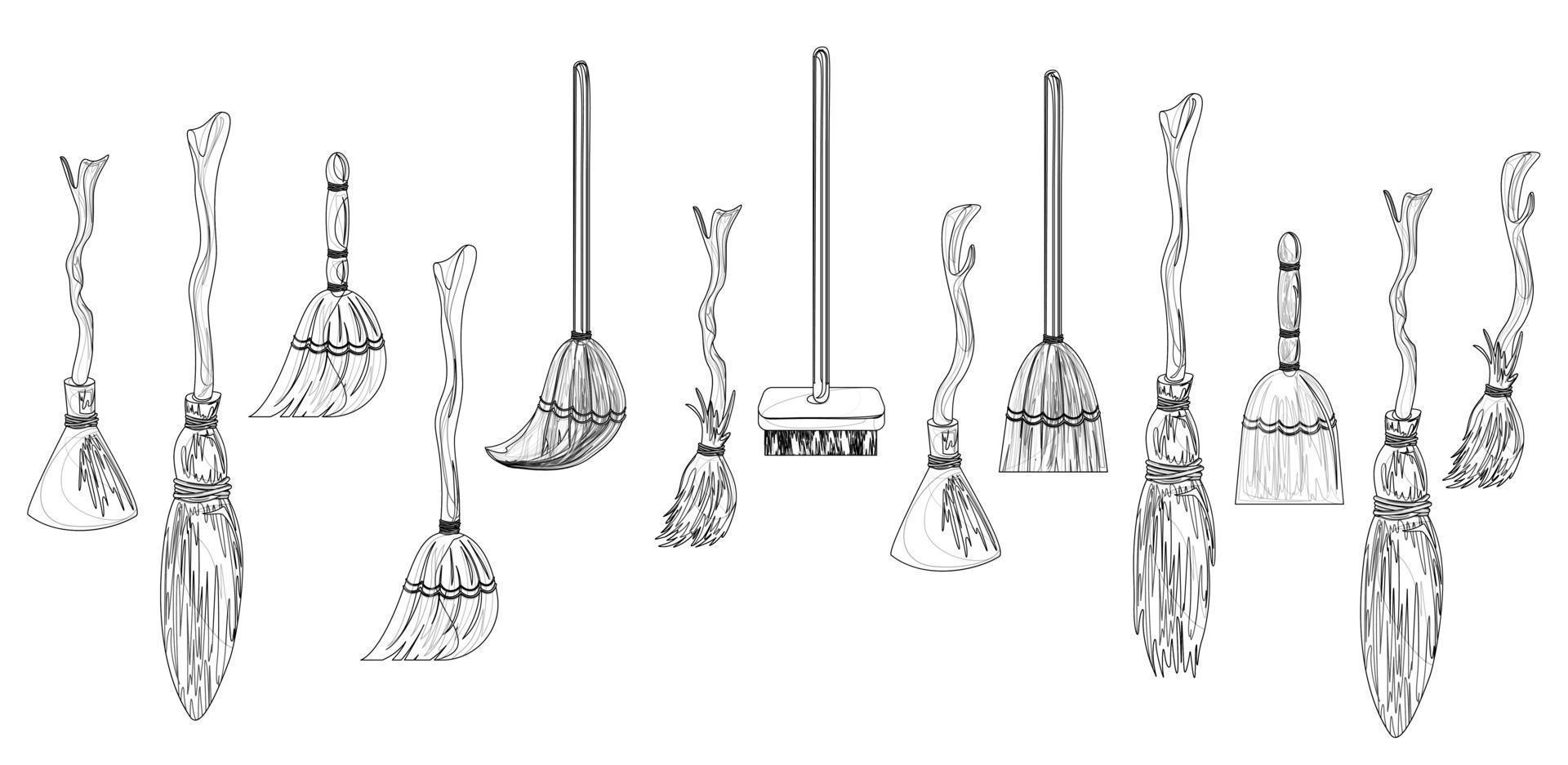 Web set of stylized brooms in outline style isolated on white background vector