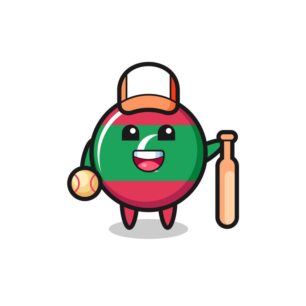 personaje de dibujos animados de la insignia de la bandera de maldivas como jugador de béisbol vector