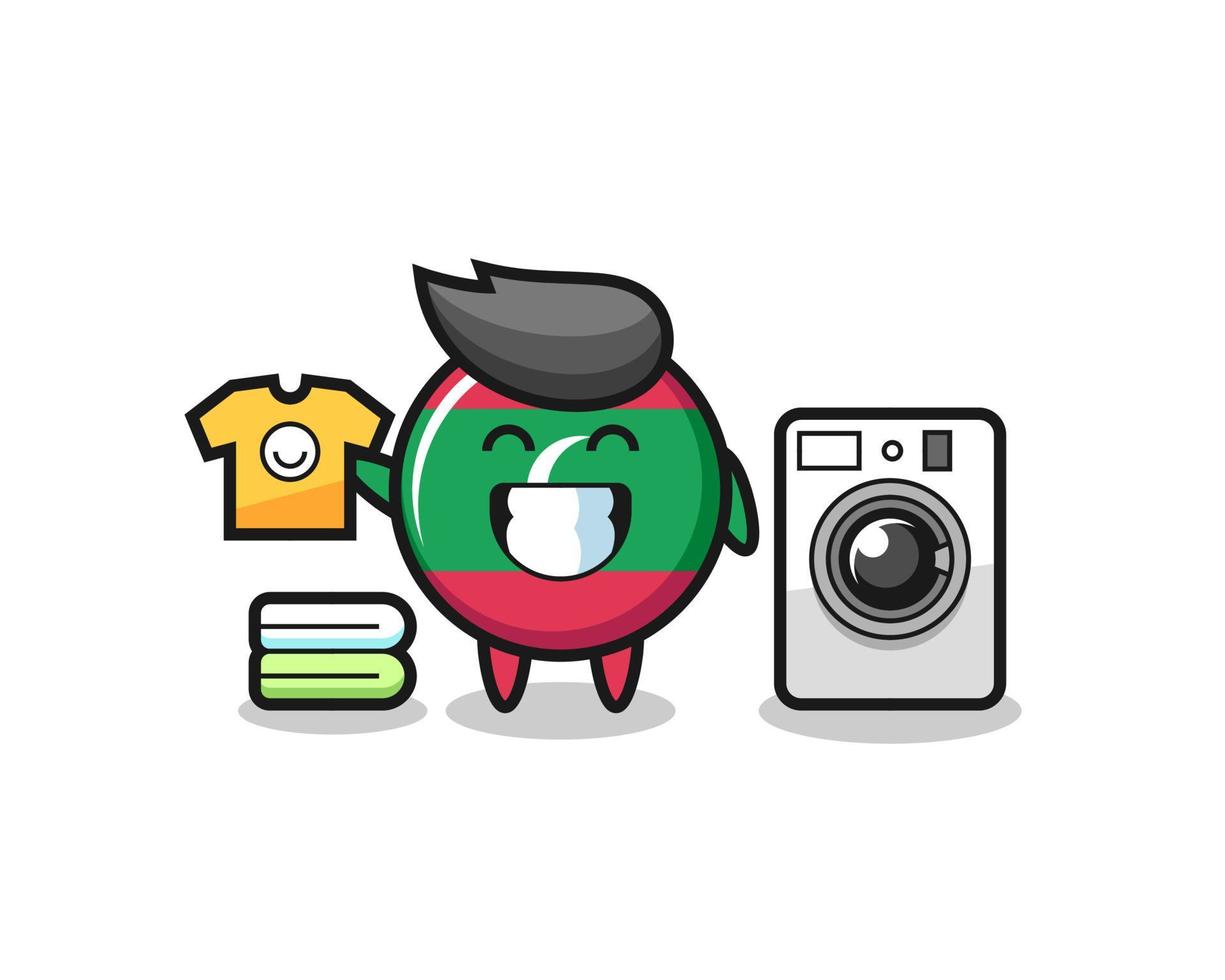 mascota, caricatura, de, maldivas, bandera, insignia, con, lavadora vector