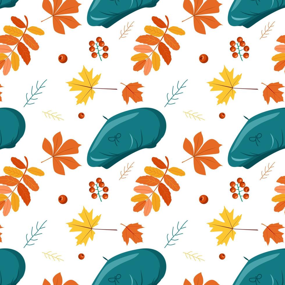 Seamless pattern with beret and leaves vector