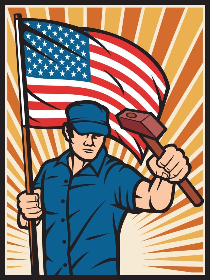 Poster Worker with USA Flag and Hammer vector