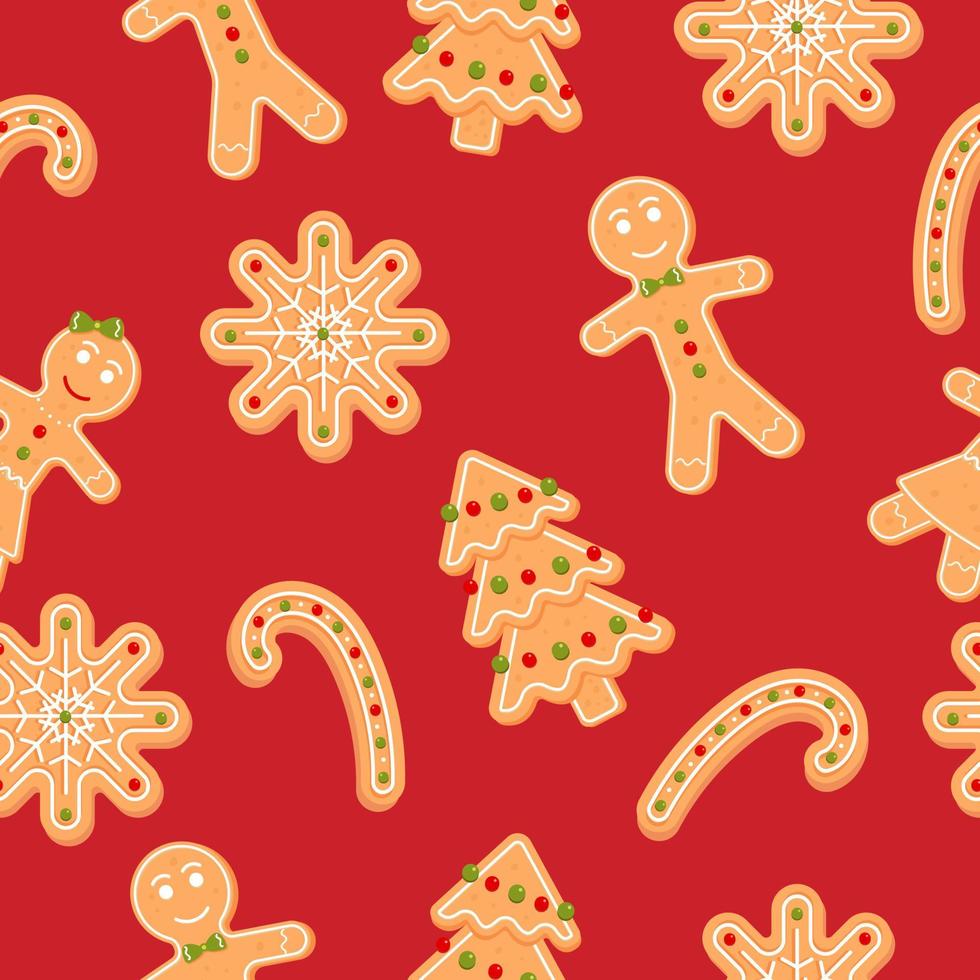 Seamless pattern with gingerbread man, snowflake and candy. Christmas cookie. Cartoon vector illustration on red background.