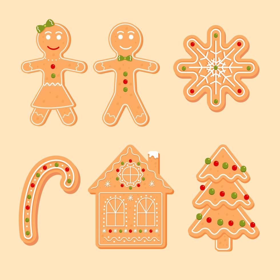 conjunto de hombre de pan de jengibre, dulces, casa, árbol, copo de nieve. galleta de navidad. ilustración vectorial de dibujos animados vector