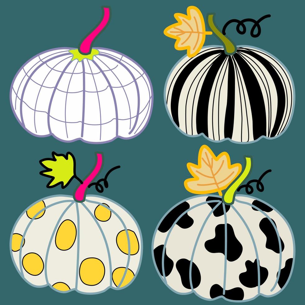 pumpkins deign set with graphic pattern on four pumpkin drawing autumn and fall leaves hand drawn art vector