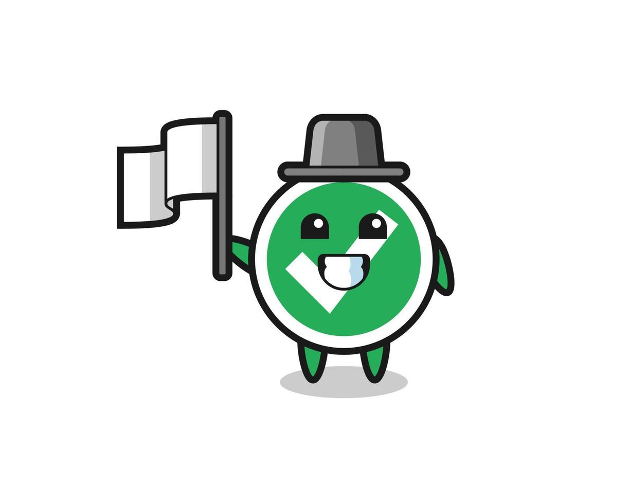 Cartoon character of check mark holding a flag vector